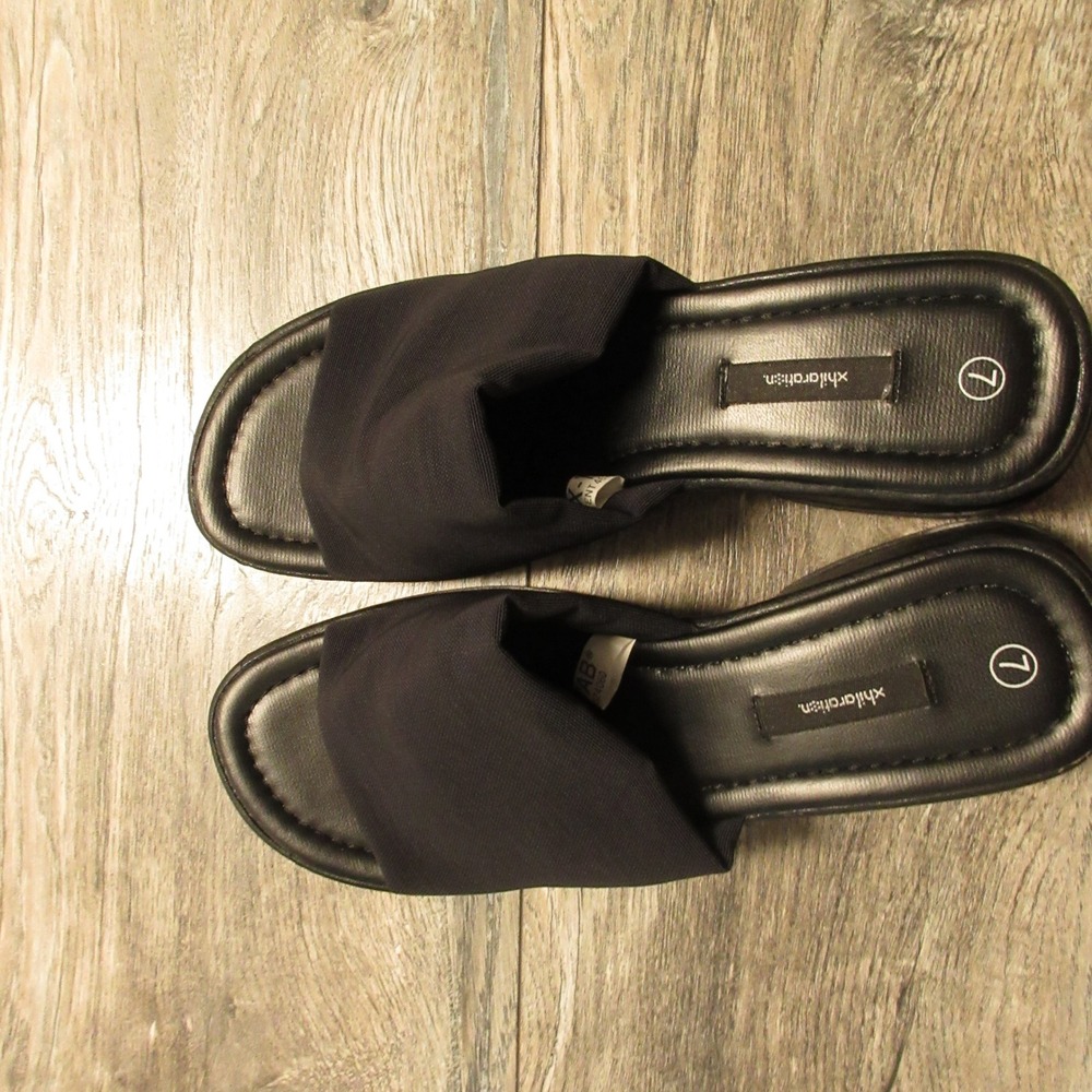 Vintage Xhilaration Wedge Sandals 7 Black Platform Slide 90s Y2K Chunky Grunge - Picture 11 of 11